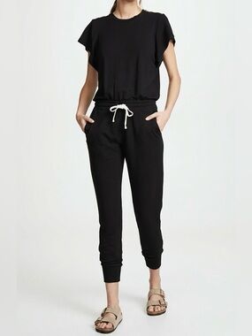MONROW Supersoft Black Drawstring Jogger Jumpsuit Sz S Athleisure Lounge Travel